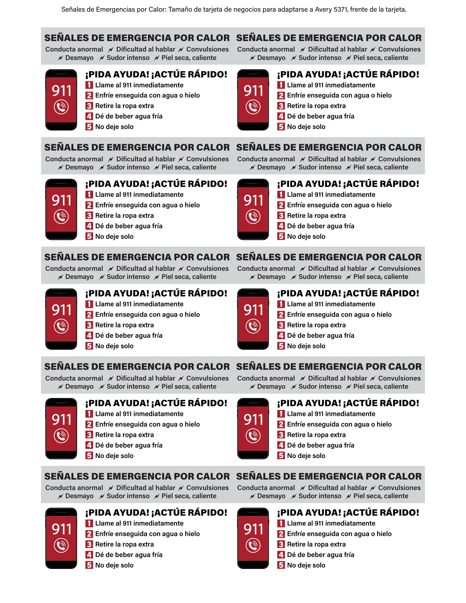Heat Emergency Wallet Card (OSHA 4404) (en español), page 1: SEÑALES DE EMERGENCIA POR CALOR SEÑALES DE EMERGENCIA POR CALOR