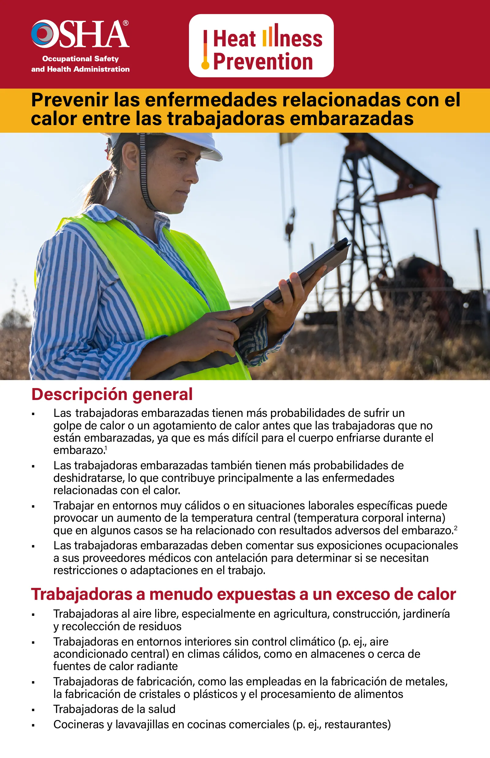 Heat Illness Prevention: Prevent Heat Illness Among Pregnant Workers Fact Sheet (OSHA 4377) (en español), page 1: Prevenir las enfermedades relacionadas con el calor entre las trabajadoras embarazadas