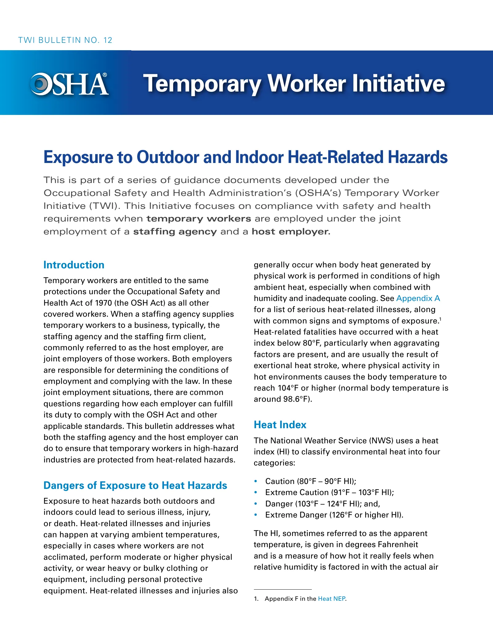 Temporary Worker Initiative (TWI) Bulletin No. 12 – Exposure to Outdoor and Indoor Heat-Related Hazards (OSHA 4185), page 1: Temporary Worker Initiative