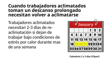 Slide 21: Cuando trabajadores aclimatados toman un descanso prolongado necesitan volver a…