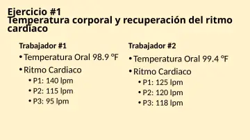 Slide 75: Ejercicio #1 Temperatura corporal y recuperación del ritmo cardíaco