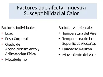 Slide 19: Factores que afectan nuestra Susceptibilidad al Calor