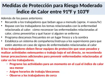 Slide 23: Medidas de Protección para Riesgo Moderado Índice de Calor entre 91°F y 103°F