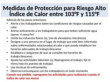 Slide 24: Medidas de Protección para Riesgo Alto Índice de Calor entre 103°F y 115°F