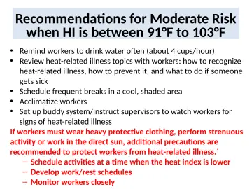 Slide 23: Recommendations for Moderate Risk when HI is between 91°F to 103°F
