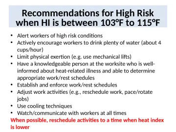 Slide 24: Recommendations for High Risk when HI is between 103°F to 115°F