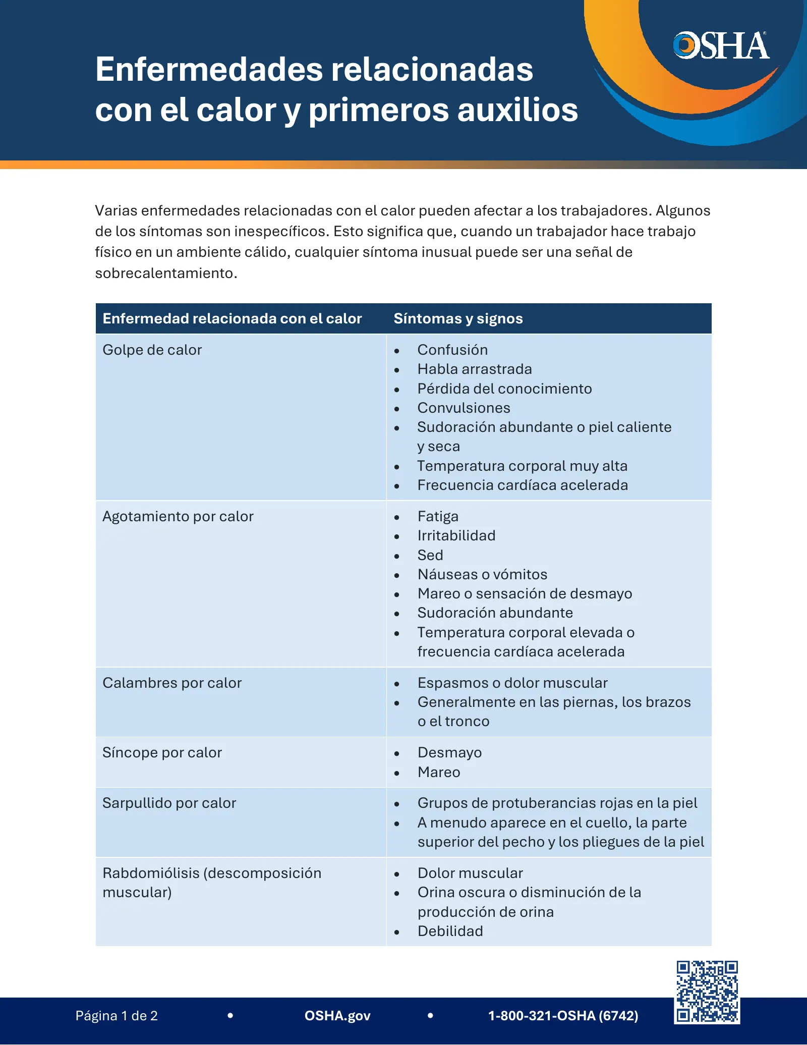 Enfermedades relacionadas con el calor y primeros auxilios (OSHA 4507), page 1: Enfermedades relacionadas con el calor y primeros auxilios
