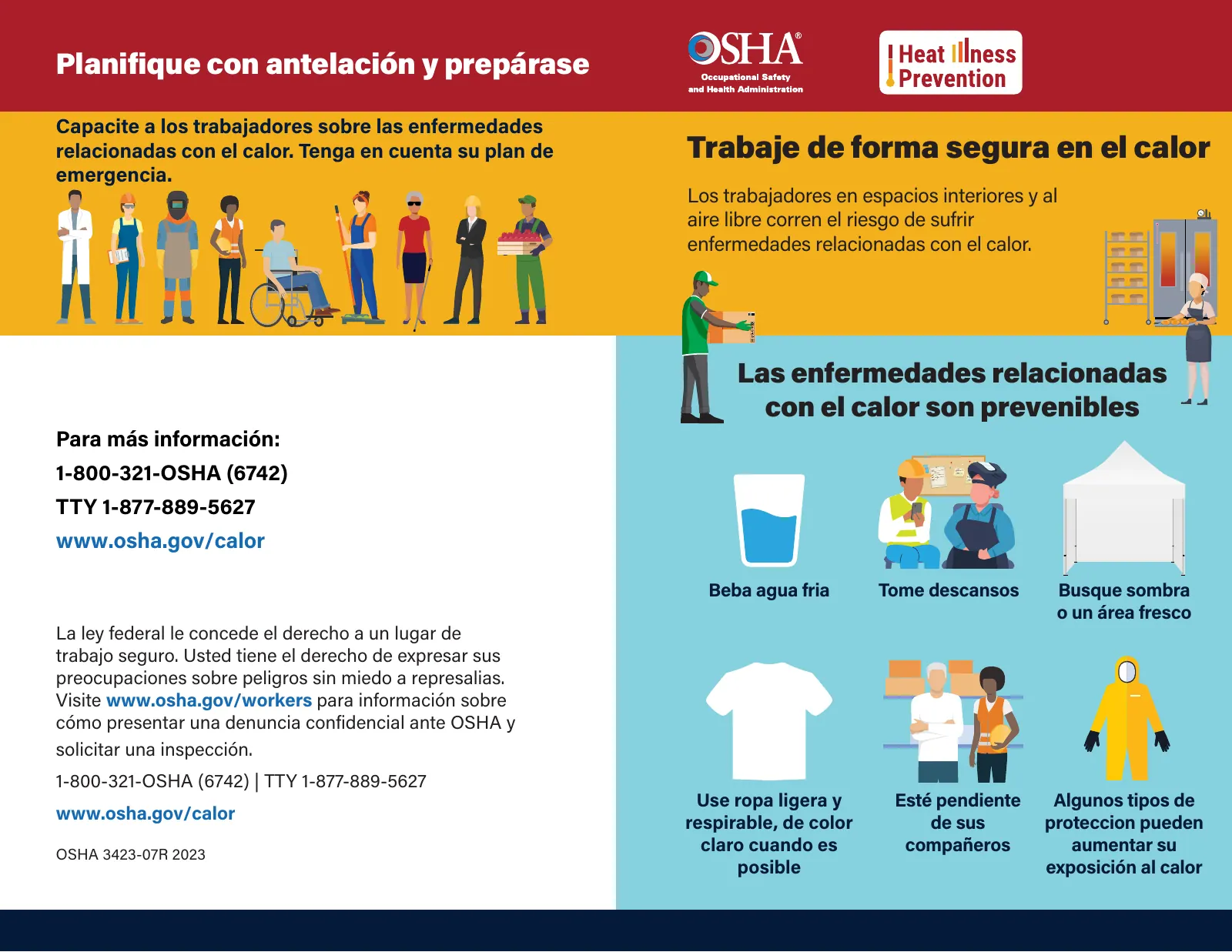 Hoja ilustrada: Enfermedades por el calor (OSHA 3423), page 1: Trabaje de forma segura en el calor
