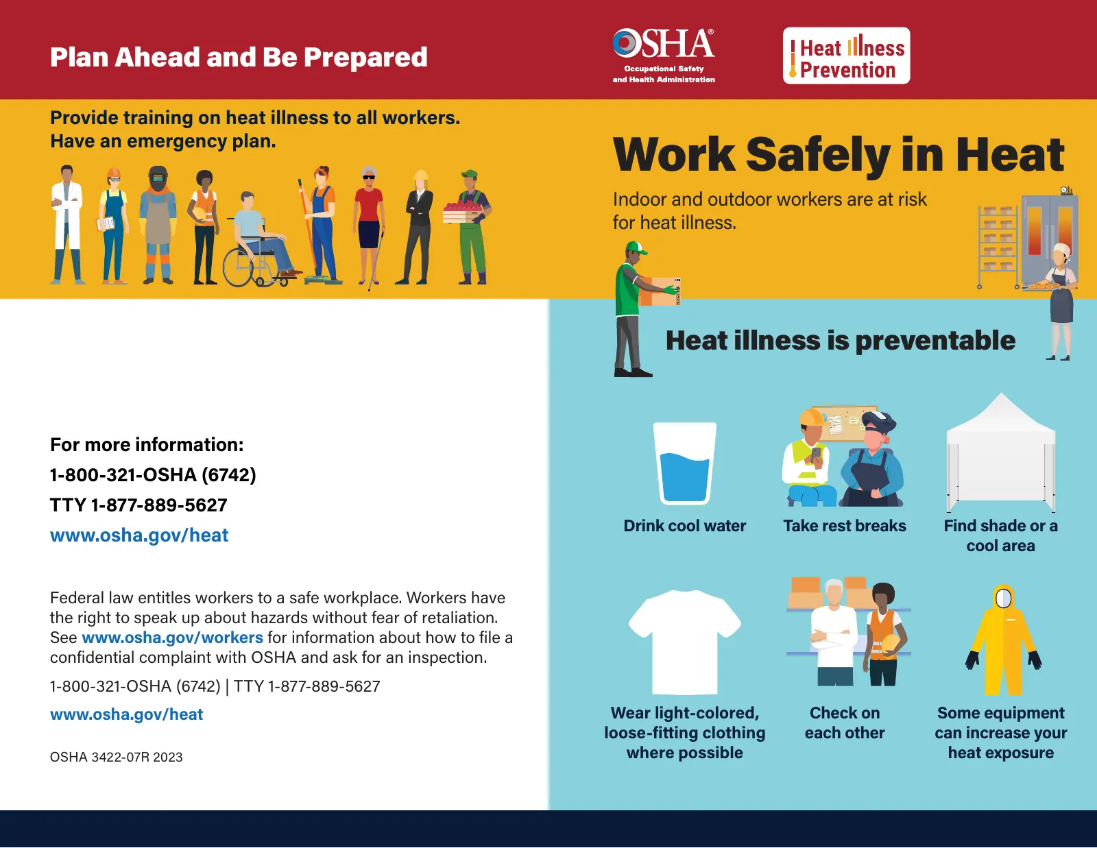 Heat Illness Illustrated Fact Sheet (OSHA 3422), page 1: Work Safely in Heat