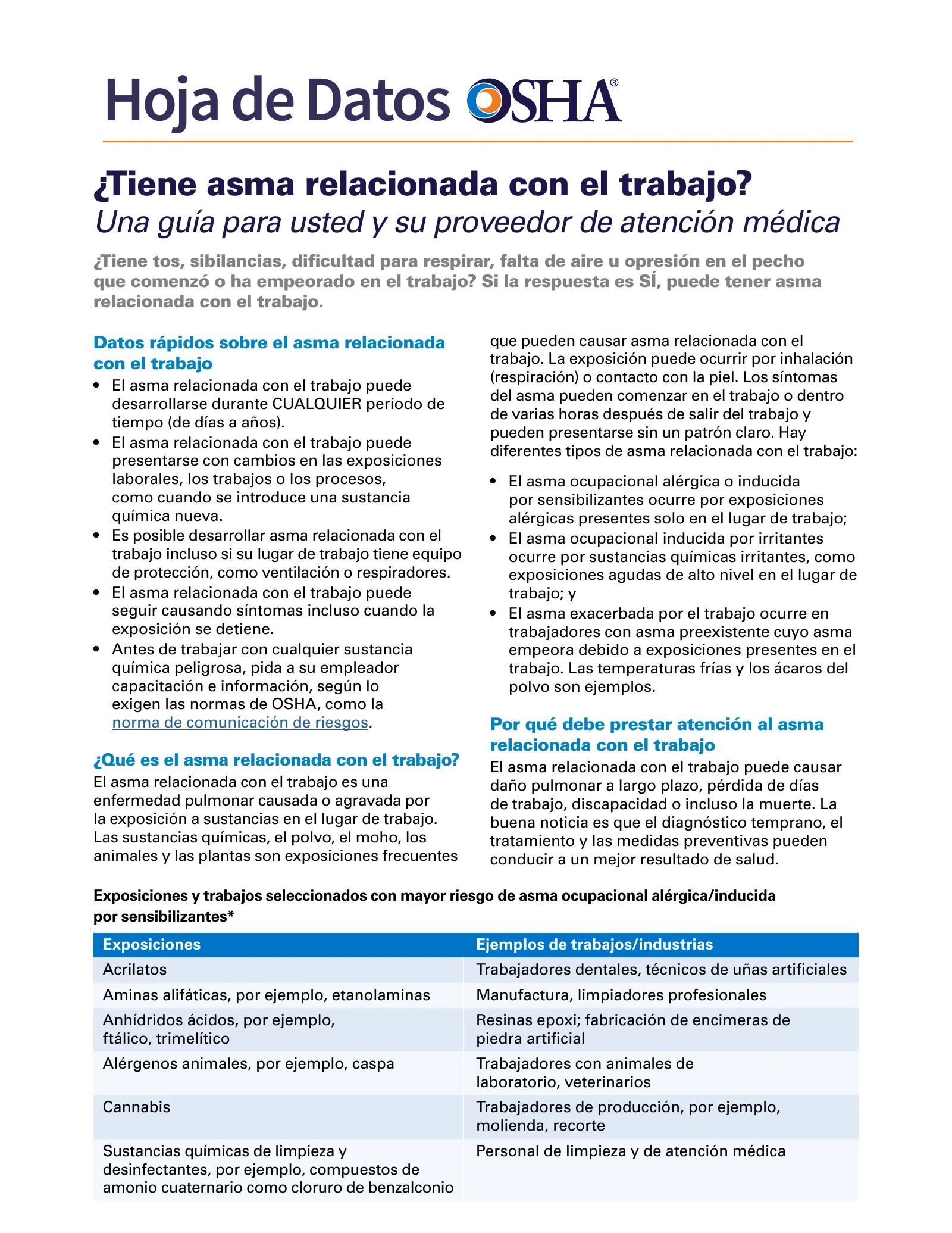 Do You Have Work-Related Asthma? A Guide for You and Your Healthcare Provider Fact Sheet (OSHA FS-4517) (en español), page 1: Hoja de Datos