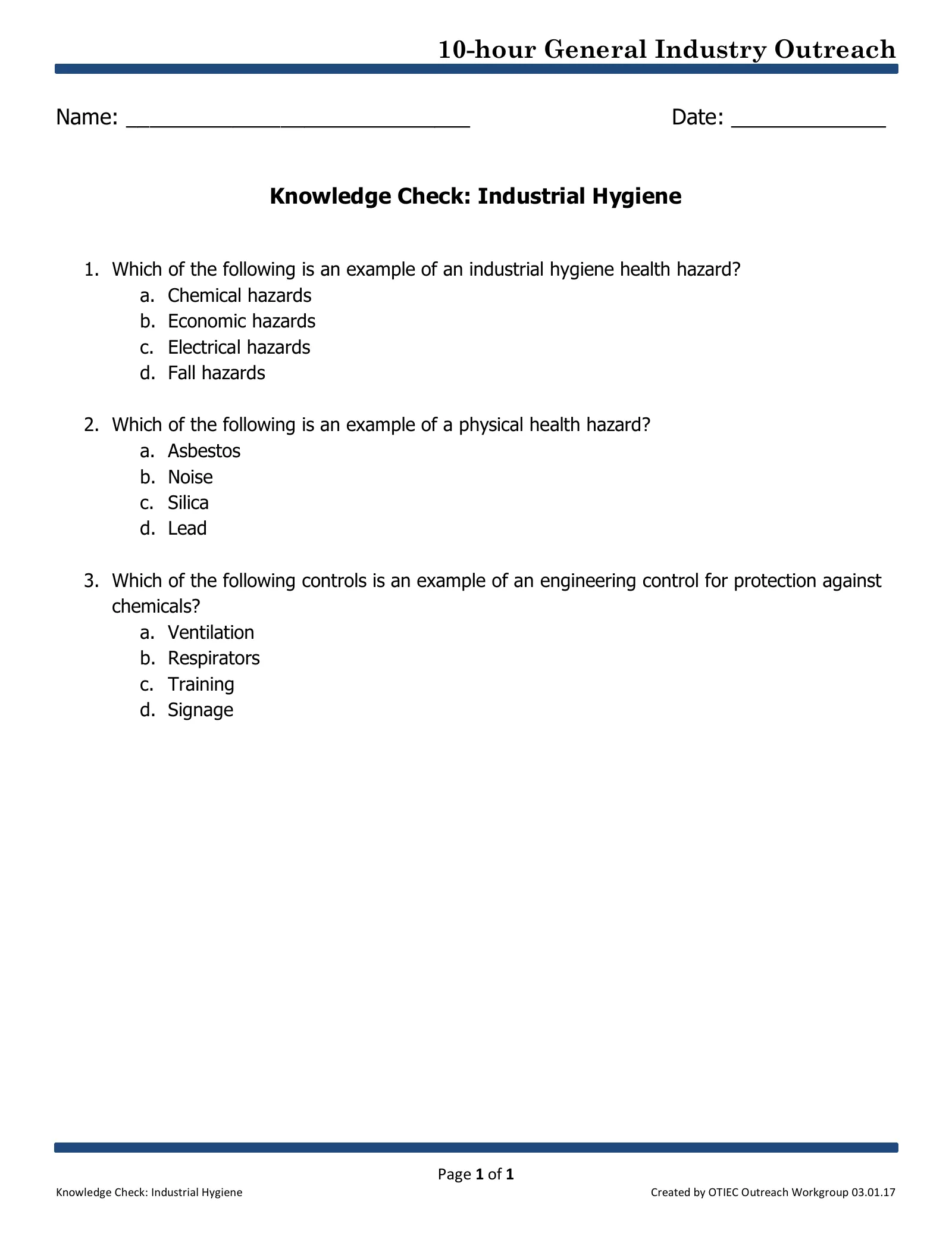 Introduction to Industrial Hygiene: Knowledge Check (OSHA 10-Hour General Industry Outreach), page 1: 10-hour General Industry Outreach