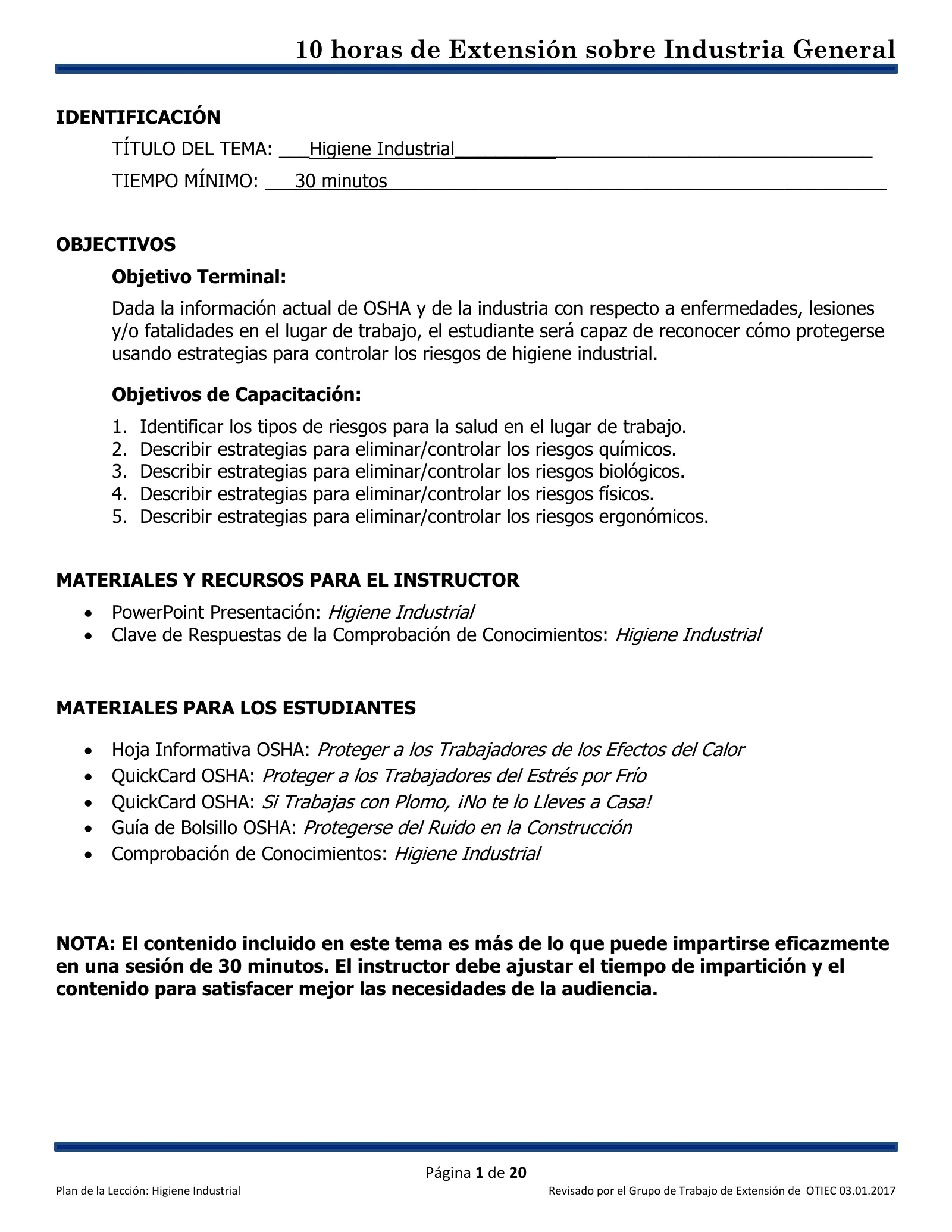 Introducción a la higiene industrial: Plan de lección (Capacitación de Extensión de 10 horas de OSHA, Industria General), page 1: IDENTIFICACIÓN