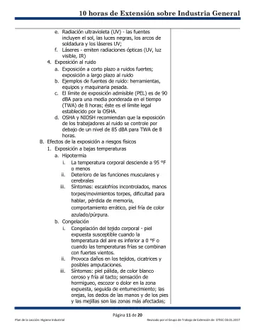 Page 11: e. Radiación ultravioleta (UV) - las fuentes incluyen el sol, las luces negras, los arcos…