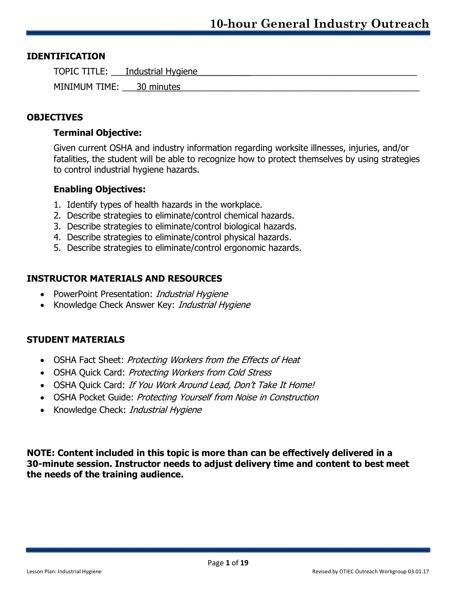 Introduction to Industrial Hygiene: Lesson Plan (OSHA 10-Hour General Industry Outreach), page 1: IDENTIFICATION