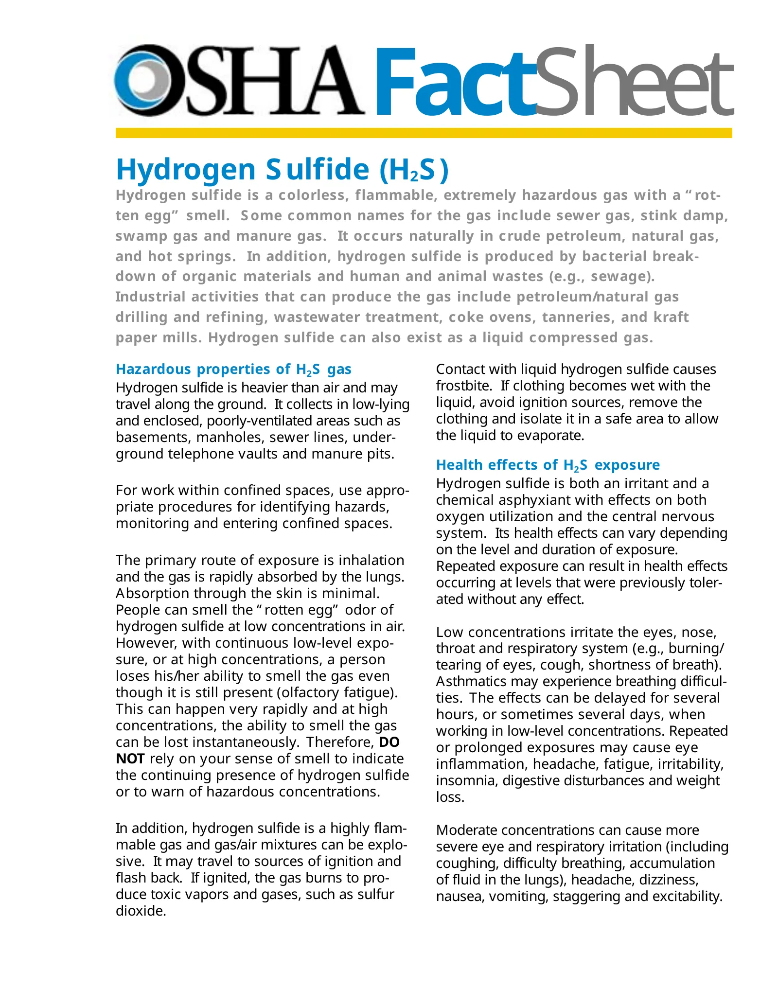 Hydrogen Sulfide Fact Sheet, page 1: FactSheet