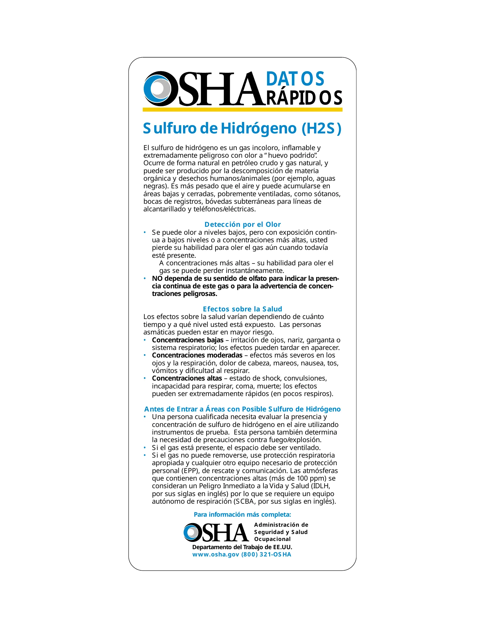 Hydrogen Sulfide QuickCard (OSHA 3300) (en español), page 1: DATOS RÁPIDOS