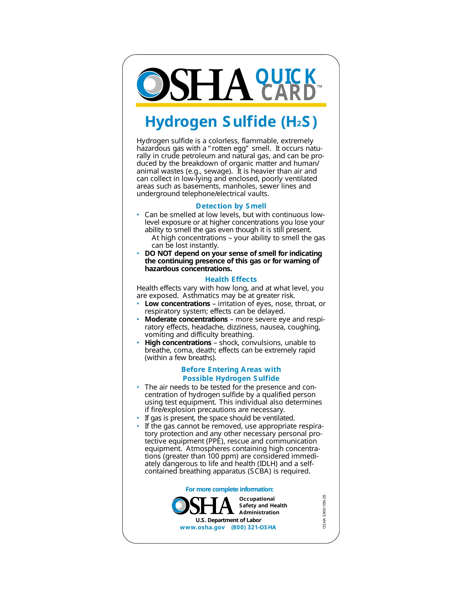 Hydrogen Sulfide QuickCard (OSHA 3300), page 1: CARD
