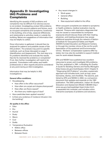 Page 23: Appendix D: Investigating IAQ Problems and Complaints