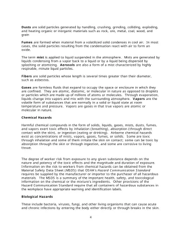Page 6: Dusts are solid particles generated by handling, crushing, grinding, colliding, exploding…