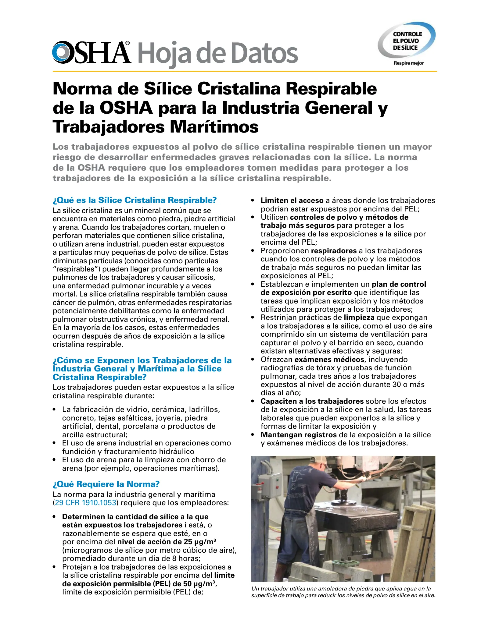 OSHA's Respirable Crystalline Silica Standard for General Industry and Maritime Fact Sheet (OSHA FS 3701) (en español), page 1: Hoja de Datos