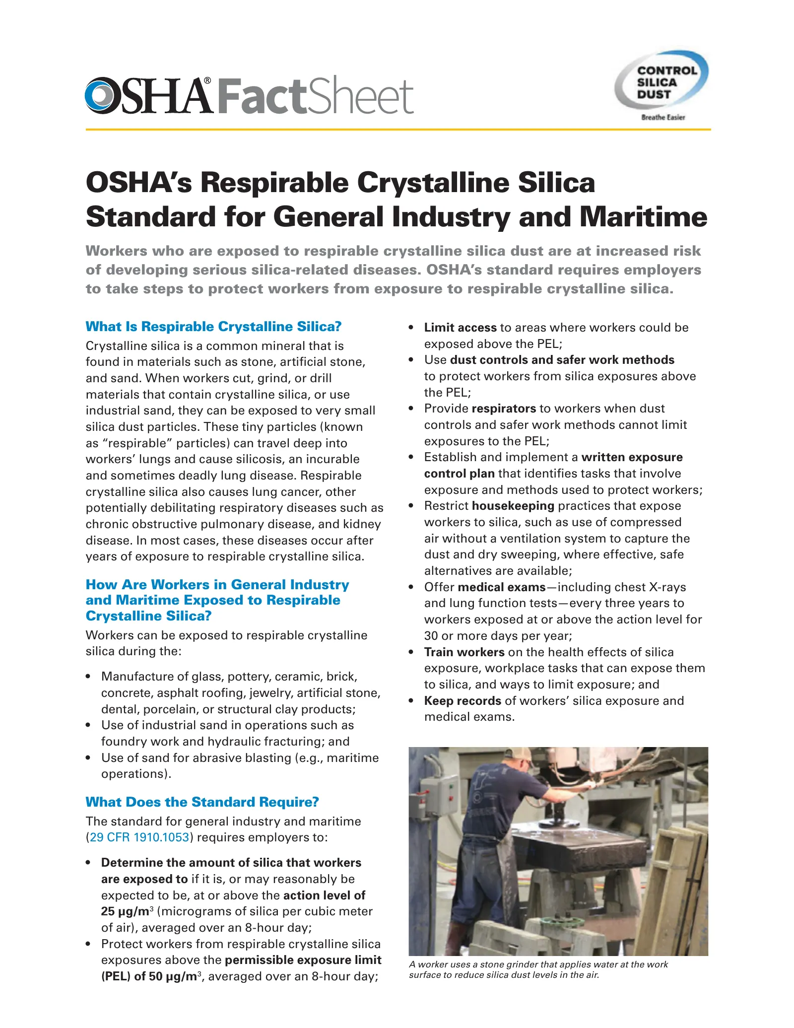 OSHA's Respirable Crystalline Silica Standard for General Industry and Maritime Fact Sheet (OSHA FS 3682), page 1: FactSheet