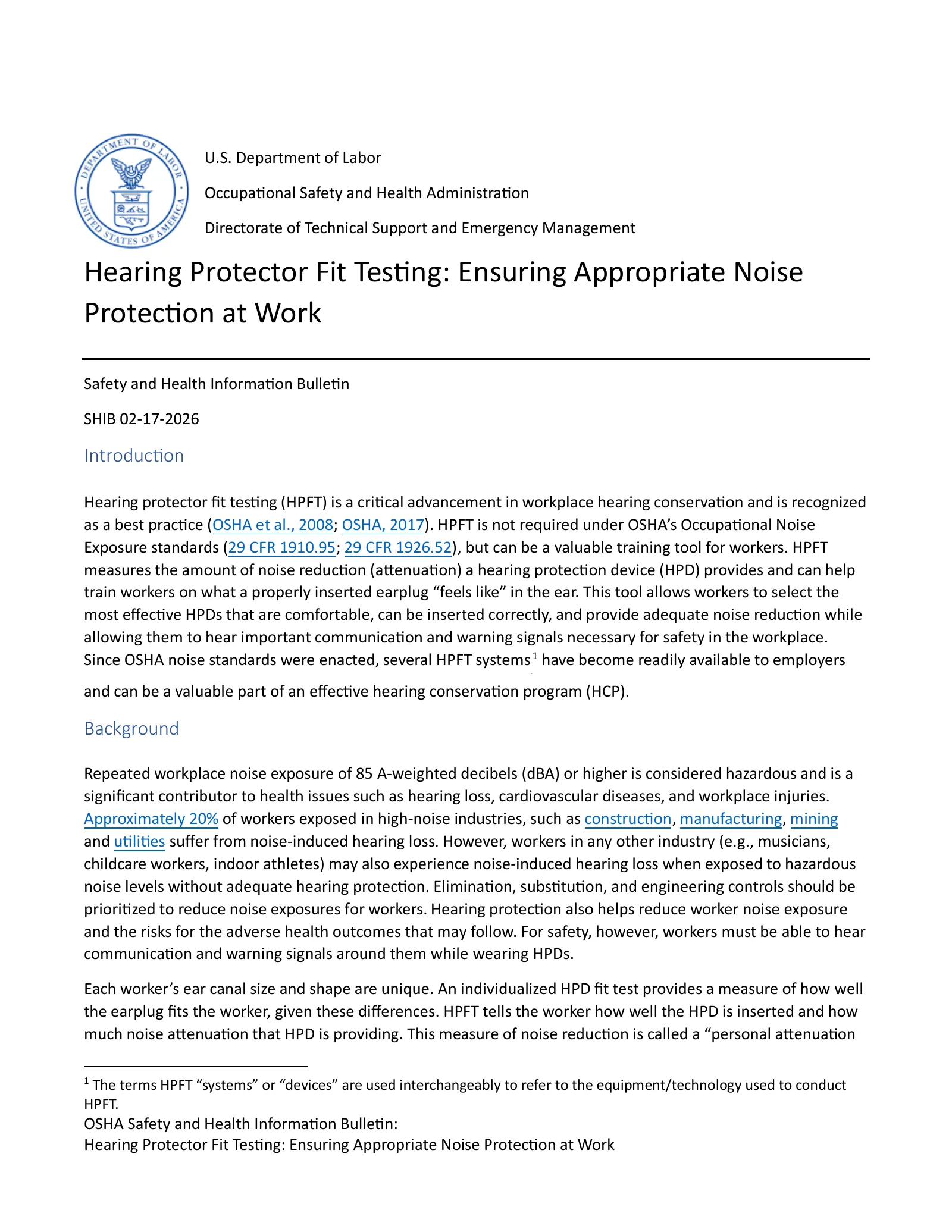 Hearing Protector Fit Testing: Ensuring Appropriate Noise Protection at Work (OSHA SHIB 02-17-2026), page 1: Hearing Protector Fit Testing: Ensuring Appropriate Noise Protection at Work
