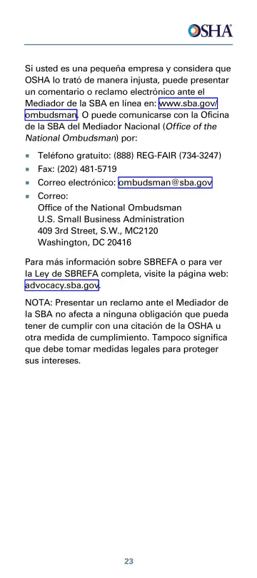 Page 27: Si usted es una pequeña empresa y considera que OSHA lo trató de manera injusta, puede…
