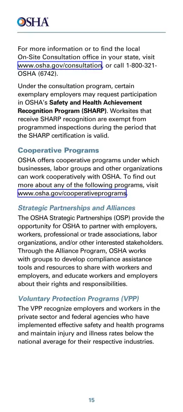 Page 20: For more information or to find the local On-Site Consultation office in your state, visit…