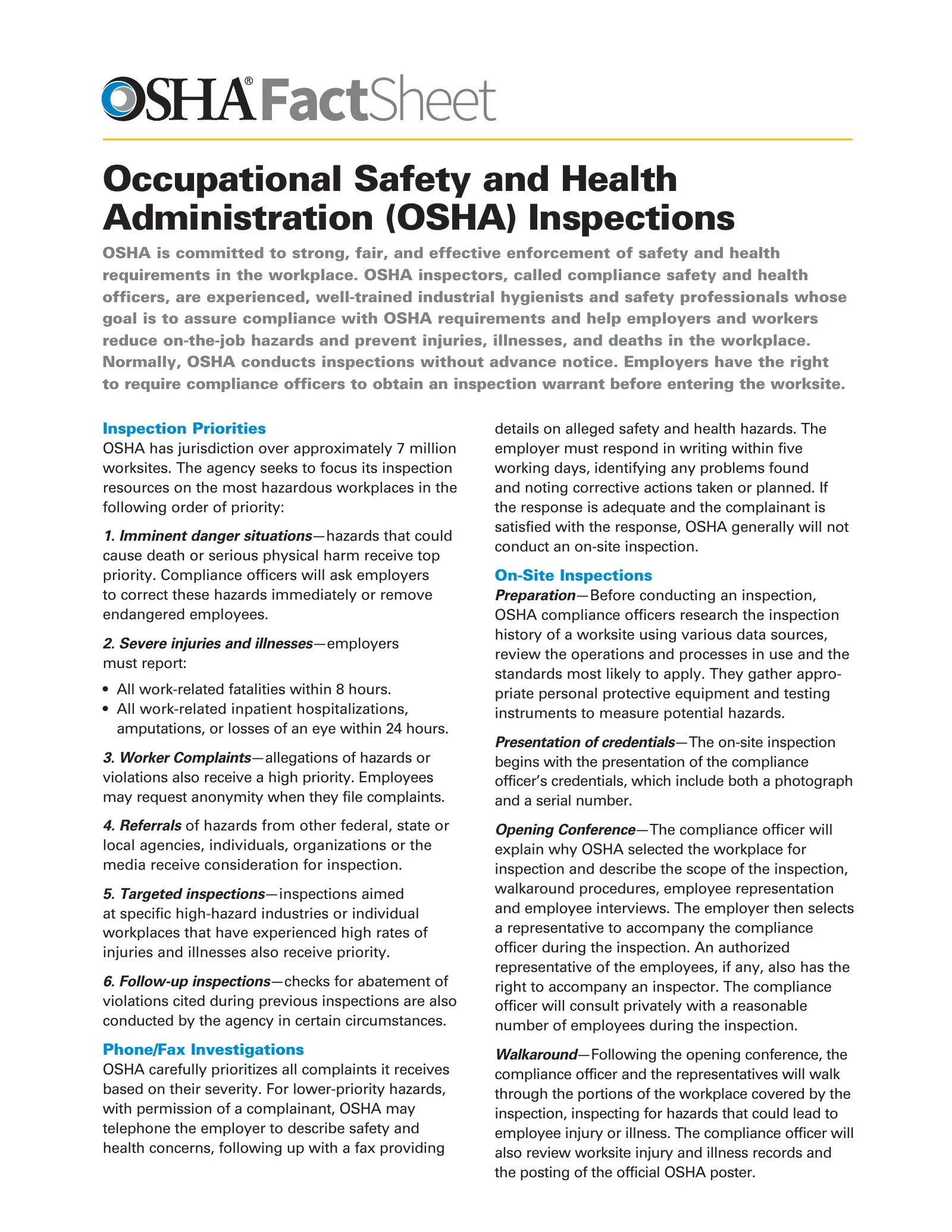 Inspections Fact Sheet (OSHA FS 3783), page 1: FactSheet