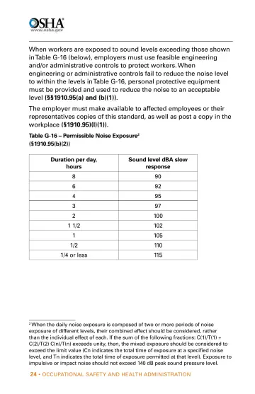 Page 24: When workers are exposed to sound levels exceeding those shown in Table G-16 (below)…