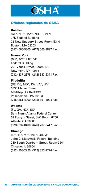 Page 40: Oficinas regionales de OSHA