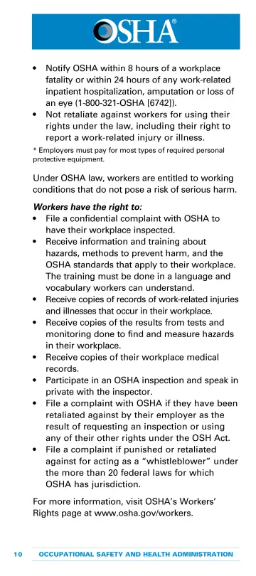 Page 12: Notify OSHA within 8 hours of a workplace fatality or within 24 hours of any work-related…