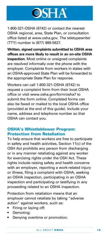Page 21: 1-800-321-OSHA (6742) or contact the nearest OSHA regional, area, State Plan, or…