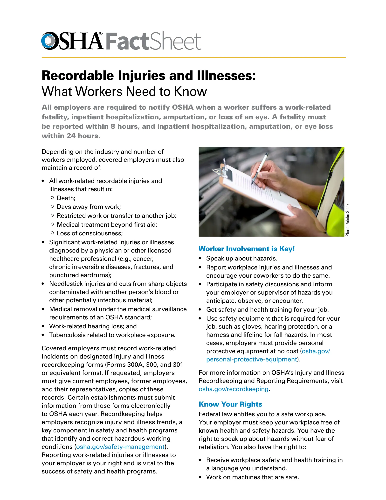 Recordkeeping: Recordable Injuries and Illnesses: What Workers Need to Know Fact Sheet (OSHA FS-4444), page 1: FactSheet