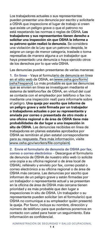Page 16: Los trabajadores actuales o sus representantes pueden presentar una denuncia por escrito y…