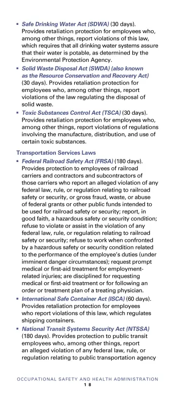 Page 20: Safe Drinking Water Act (SDWA) (30 days). Provides retaliation protection for employees…