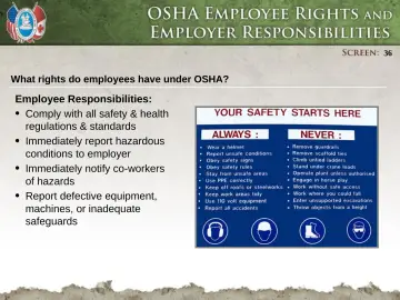 Slide 36: Comply with all safety & health regulations & standards