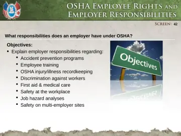 Slide 42: What responsibilities does an employer have under OSHA?