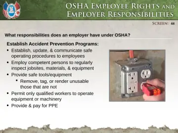 Slide 44: What responsibilities does an employer have under OSHA?