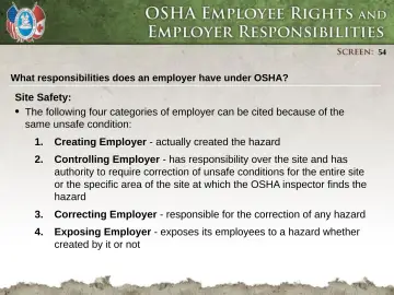 Slide 54: What responsibilities does an employer have under OSHA?