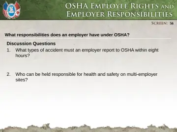 Slide 56: What responsibilities does an employer have under OSHA?