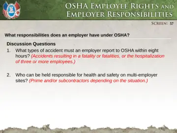 Slide 57: What responsibilities does an employer have under OSHA?