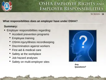 Slide 58: What responsibilities does an employer have under OSHA?