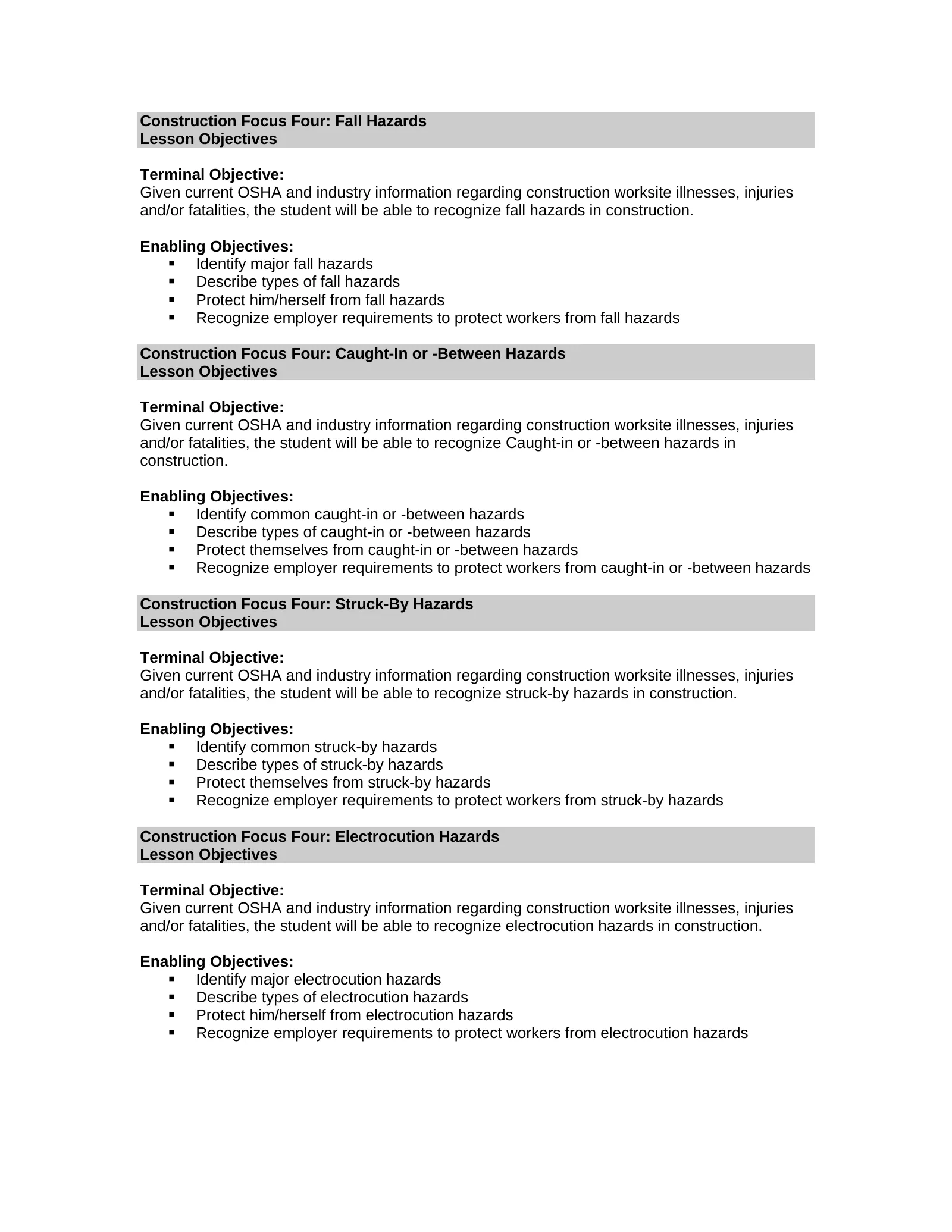 Construction Focus Four Learning Objectives, page 1: Construction Focus Four: Fall Hazards