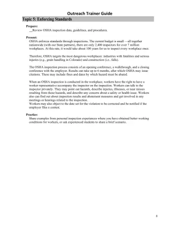 Page 8: Outreach Trainer Guide Topic 5: Enforcing Standards