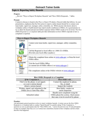 Page 9: Outreach Trainer Guide Topic 6: Reporting Safety Hazards