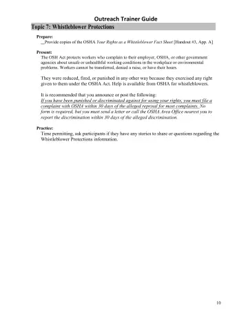 Page 10: Outreach Trainer Guide Topic 7: Whistleblower Protections