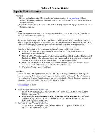 Page 11: Outreach Trainer Guide Topic 8: Worker Resources
