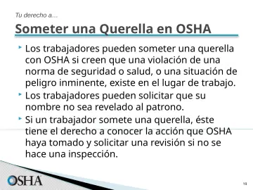 Slide 19: Someter una Querella en OSHA