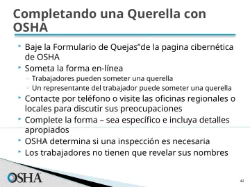 Slide 42: Completando una Querella con OSHA